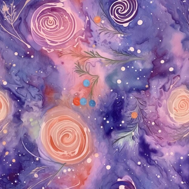 Watercolor painting of a galaxy with flowers and stars