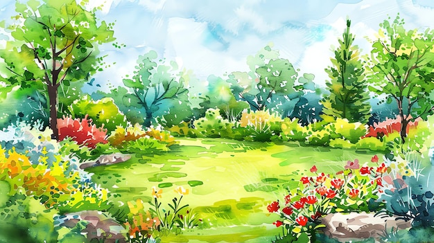 A watercolor painting of a garden with flowers and trees