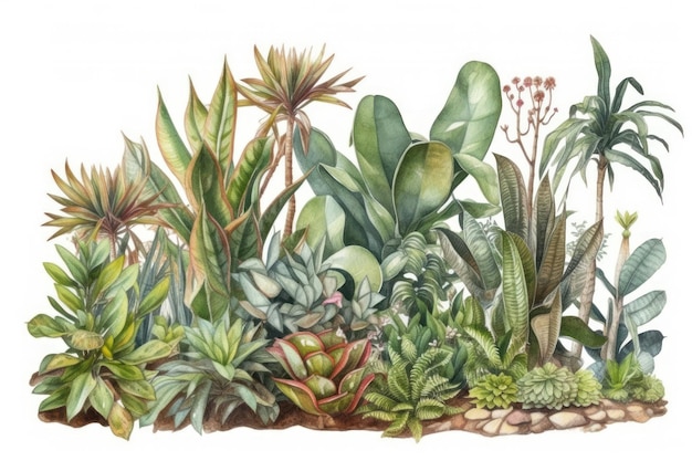 A watercolor painting of a garden with succulents and other plants.