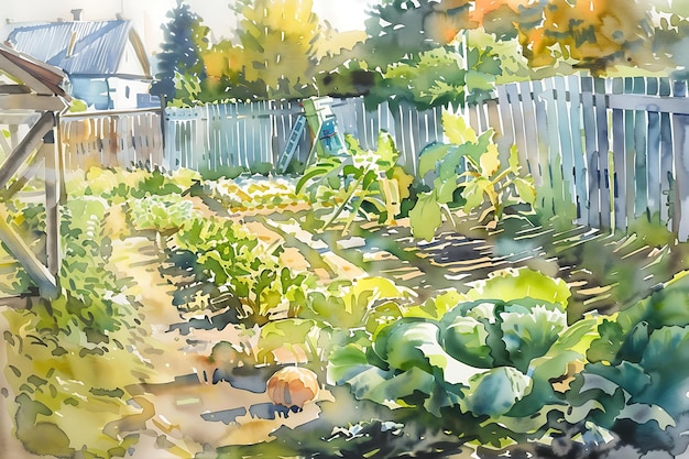 Photo watercolor painting of a garden with a wooden fence