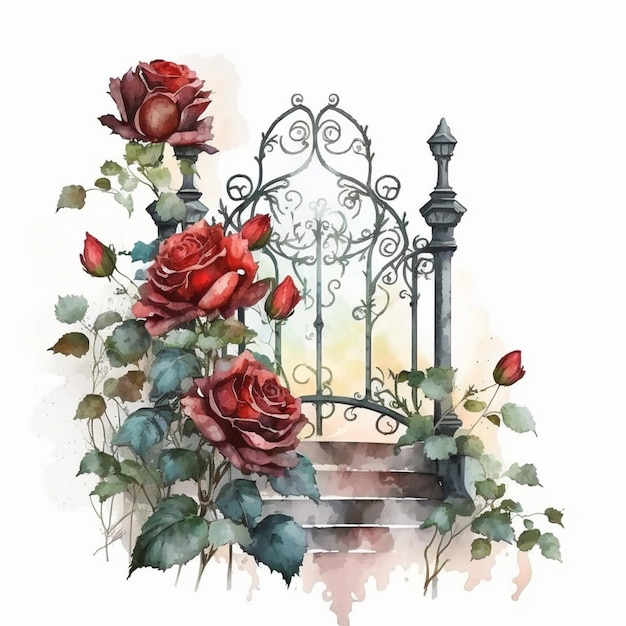 A watercolor painting of a gate with red roses.