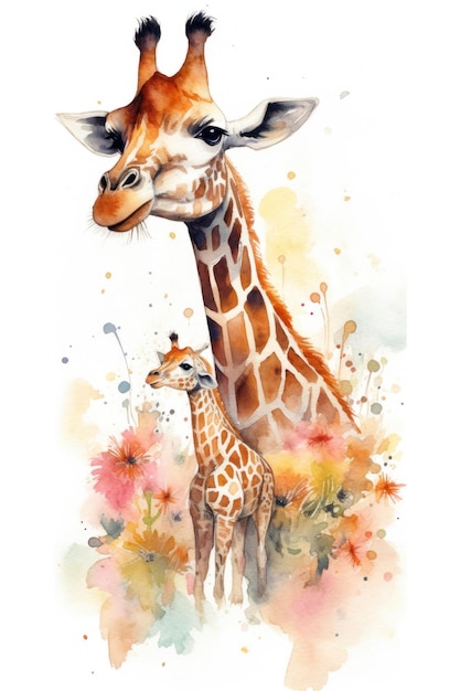 A watercolor painting of a giraffe and her baby.