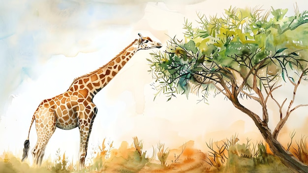 A watercolor painting of a giraffe reaching for leaves in a tree