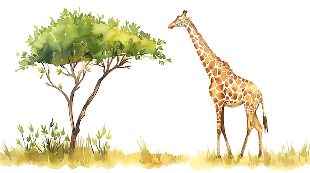 A watercolor painting of a giraffe standing beside an acacia tree in a savanna landscape