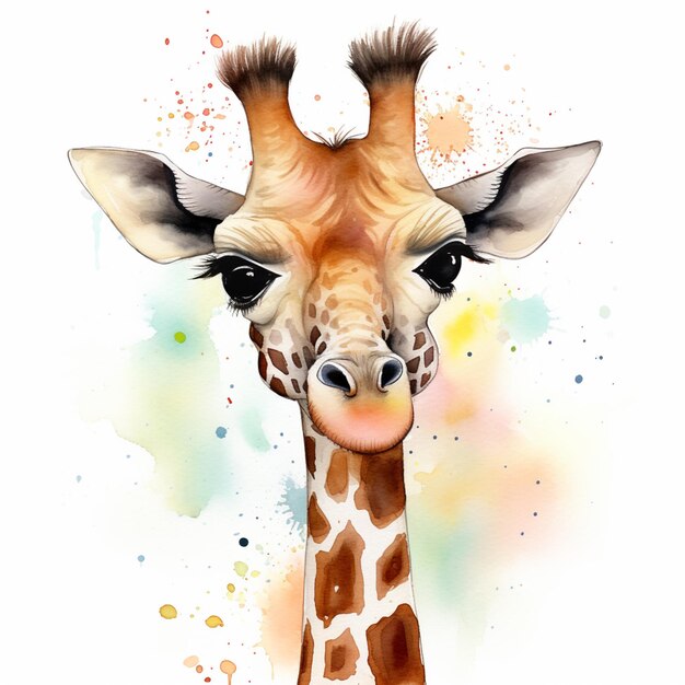 A watercolor painting of a giraffe with a black nose and a black nose.