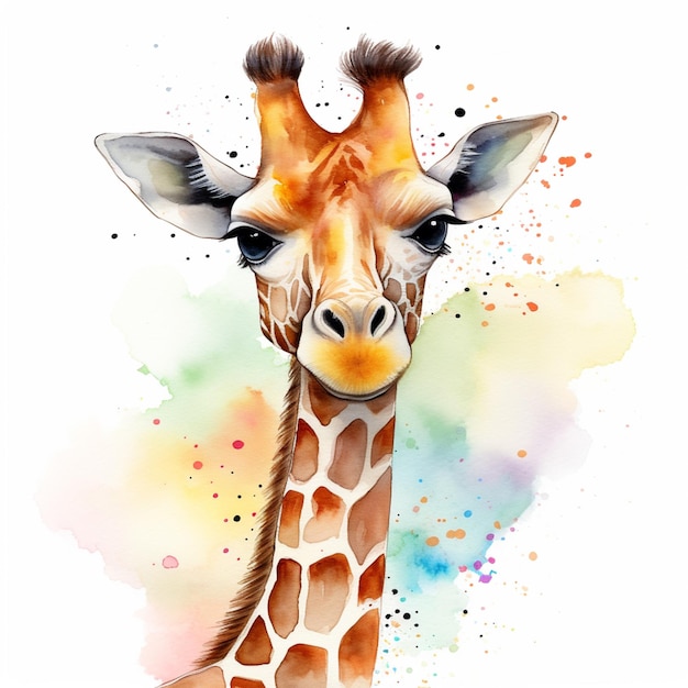 A watercolor painting of a giraffe with a black nose and a brown mane.