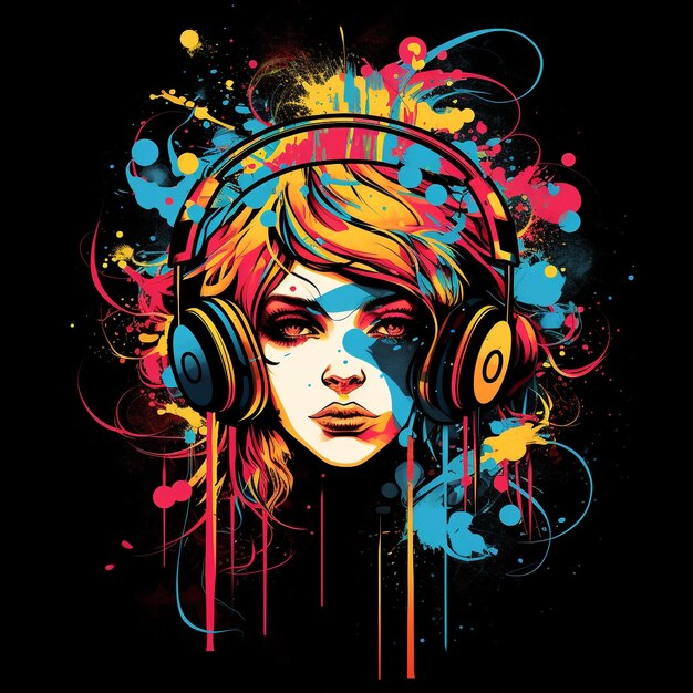 Watercolor Painting of a Girl Hearing Music with Headphones Black Background