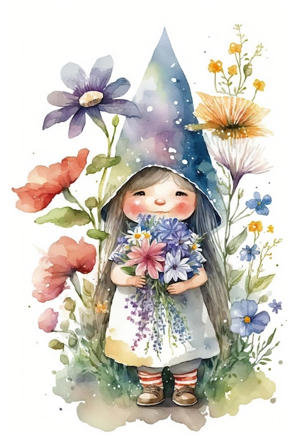 Watercolor painting of a girl holding a bunch of spring flowers