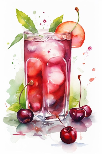 A watercolor painting of a glass of cherry juice