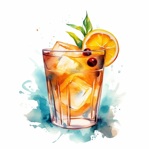 A watercolor painting of a glass of cocktail with oranges and a cherry on the bottom.