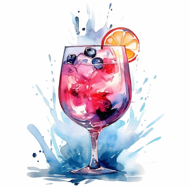 A watercolor painting of a glass of ice and a drink with blueberries.