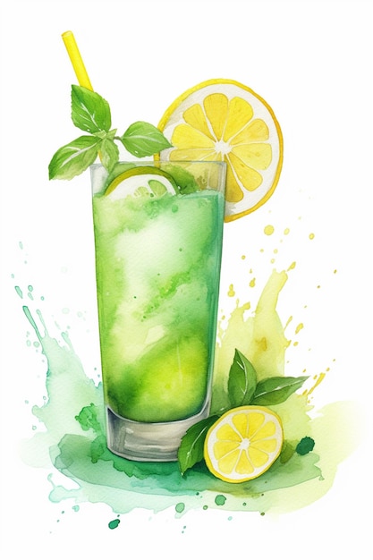 A watercolor painting of a glass of lemonade with a green drink and a lemon slice.