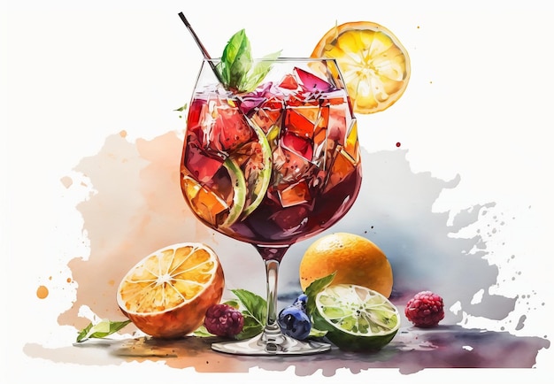 Watercolor painting of a glass of sangria with fruit and mint leaves