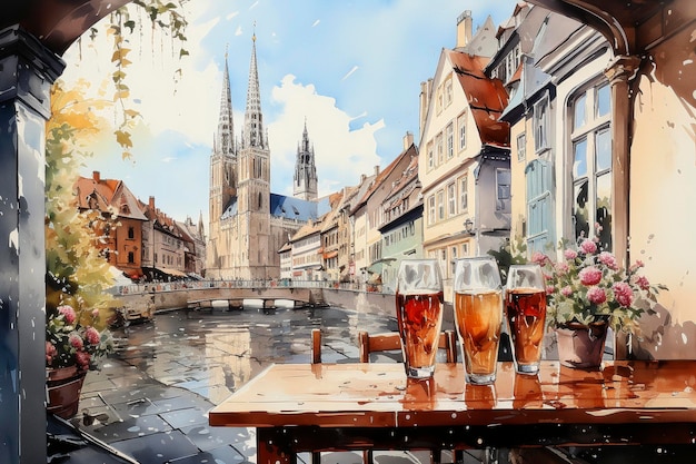 Watercolor painting of glasses of beer on the table in the old town Bavaria Germany