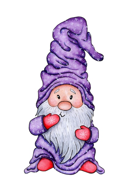 Watercolor painting of a gnome in lilac clothes Illustration of a fairytale hero in a Scandinavian