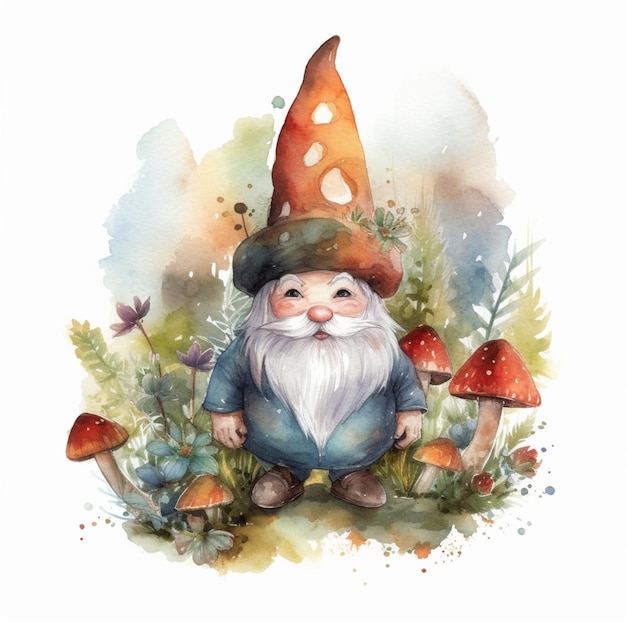 A watercolor painting of a gnome with a hat and a hat.