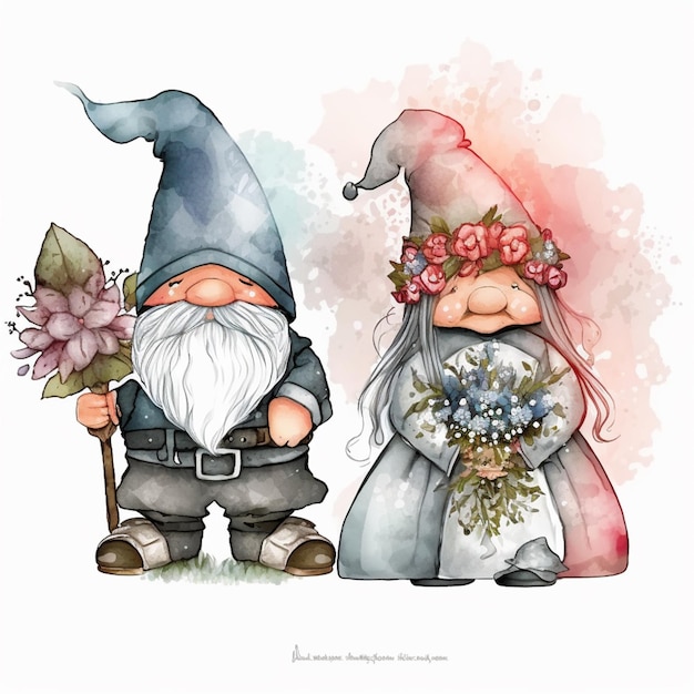 A watercolor painting of gnomes with a bouquet of flowers.