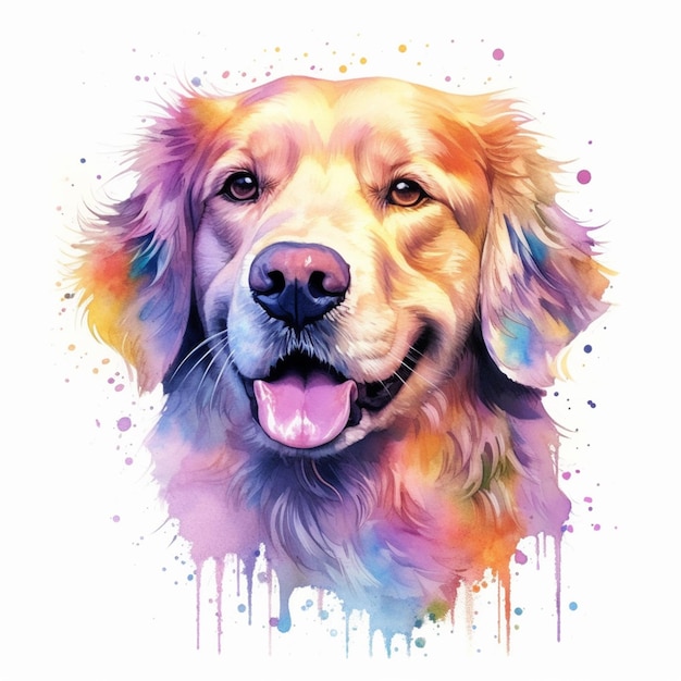 A watercolor painting of a golden retriever dog with a pink tongue.