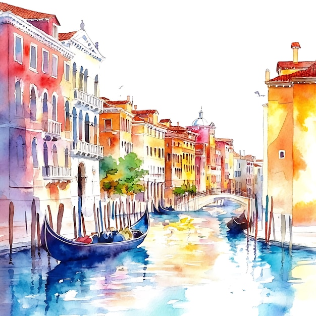 Photo watercolor painting of gondolas on a canal in venice