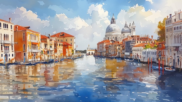 Watercolor Painting of the Grand Canal in Venice on a Sunny Day