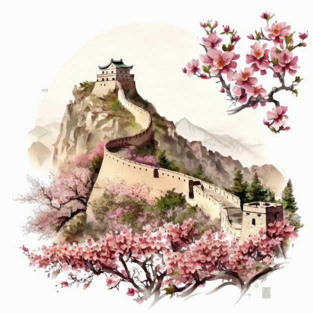 Watercolor painting of the great wall of china.