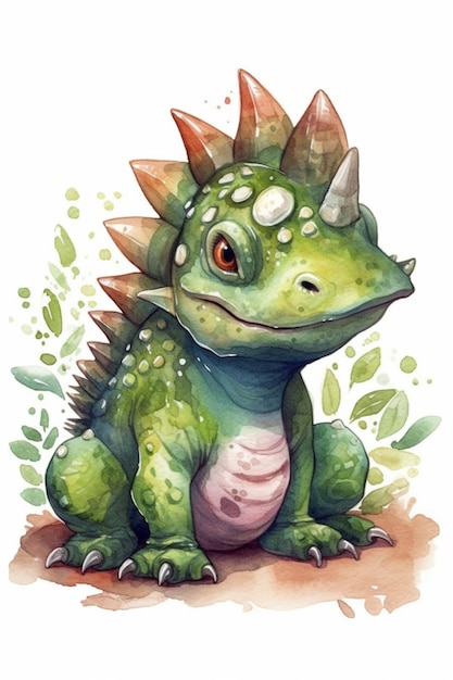 A watercolor painting of a green dinosaur with a big green leaf on its neck.