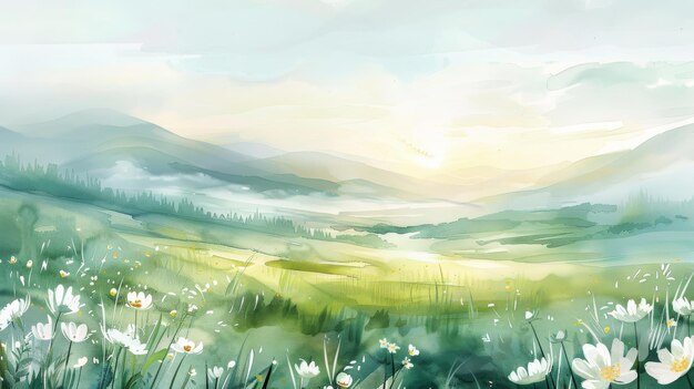 watercolor painting of a green field with majestic mountains in the background Perfect for nature l