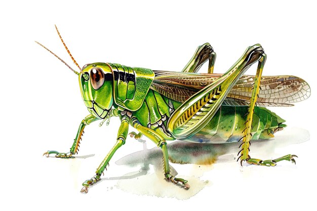 Photo watercolor painting of a green grasshopper on white background insect