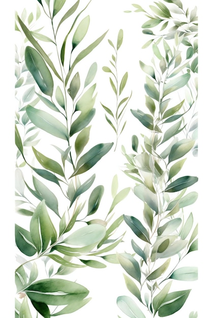 A watercolor painting of green leaves on a white background.