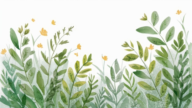 Photo watercolor painting of green leaves and yellow flowers