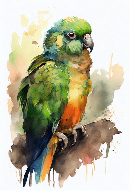 A watercolor painting of a green parrot with orange feathers.