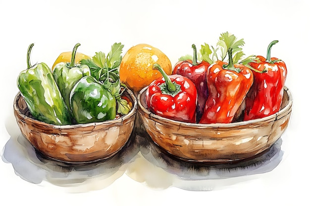 Watercolor Painting of Green and Red Peppers in Wooden Bowls