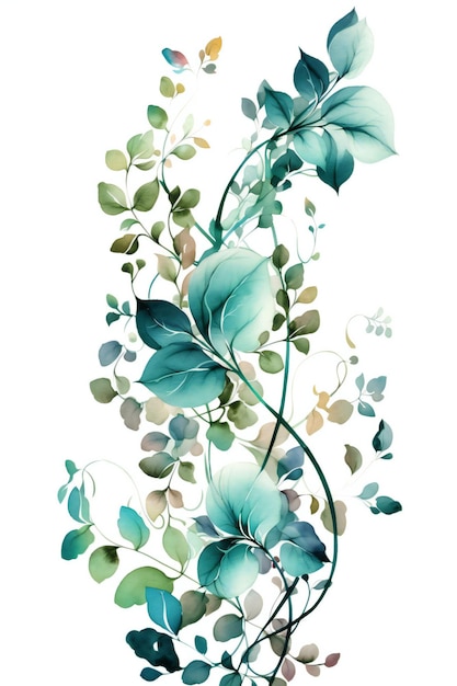 A watercolor painting of a green vine with blue flowers.