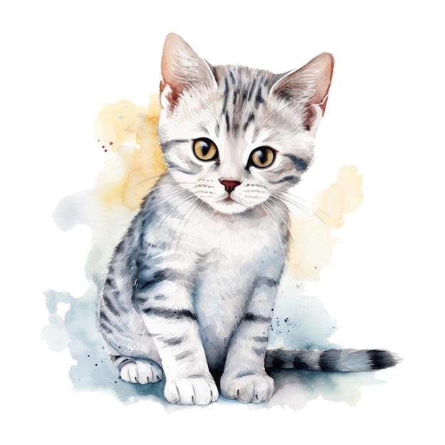 A watercolor painting of a grey tabby cat with yellow eyes.