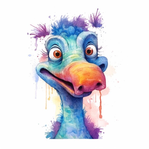 A watercolor painting of a grouch bird with a blue beak and a pink nose.