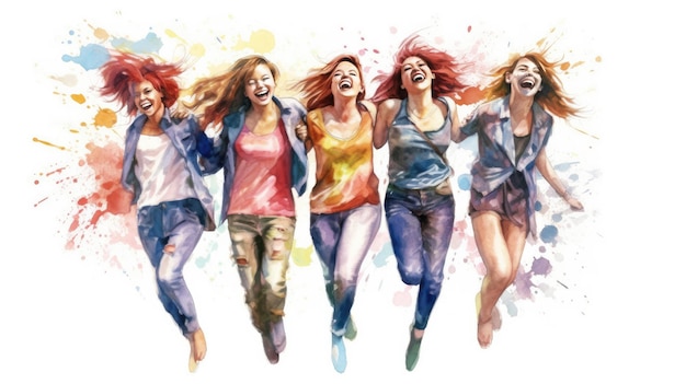 Watercolor painting of a Group of adult girls happy and excited style of website design blank white background cute mixed nationality Generative AI technology