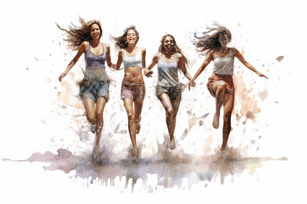 Watercolor painting of a Group of adult girls happy and excited style of website design