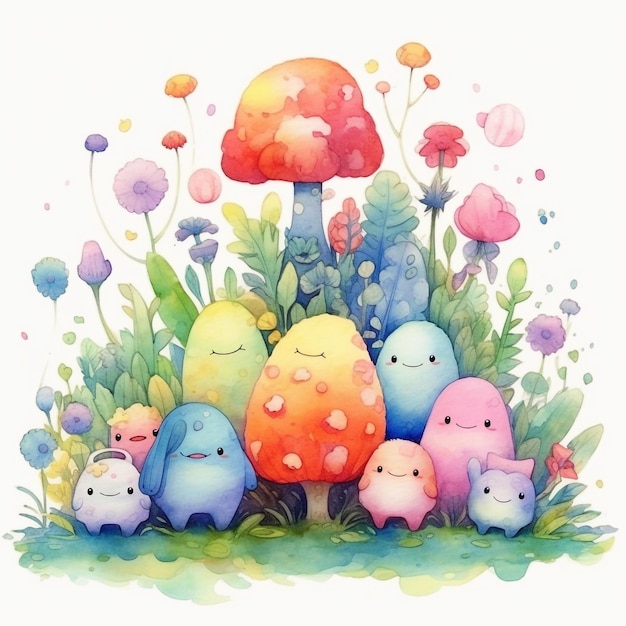 Watercolor painting of a group of mushrooms