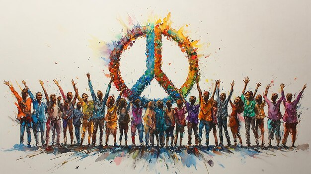 Photo watercolor painting of a group of people standing in front of a peace sign