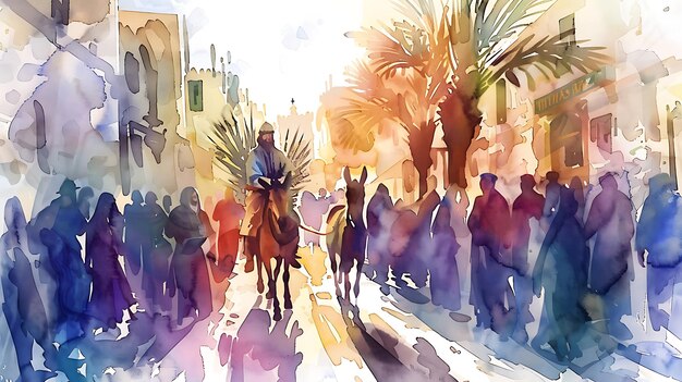 a watercolor painting of a group of people on a street