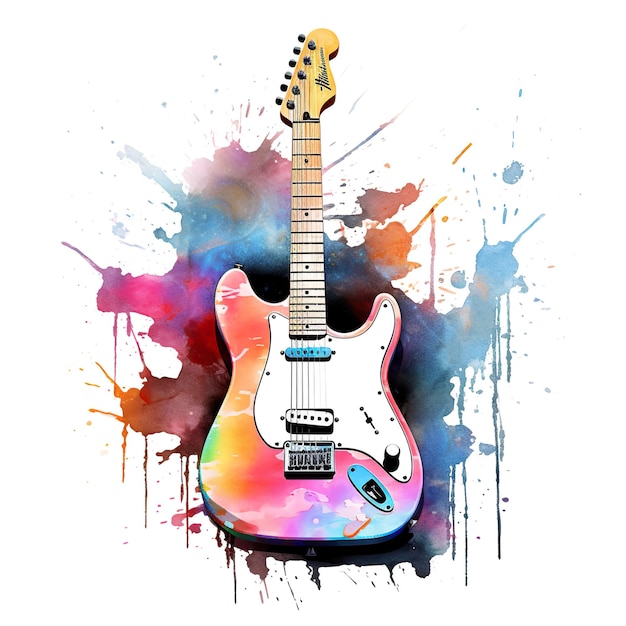 A watercolor painting of a guitar on a white background generative ai image