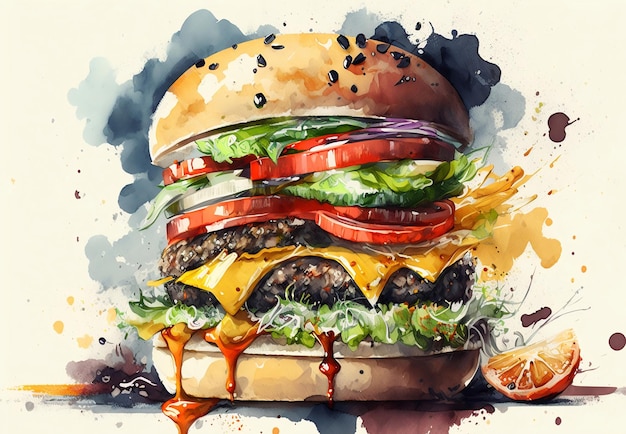 A watercolor painting of a hamburger with tomato, lettuce, and tomato.