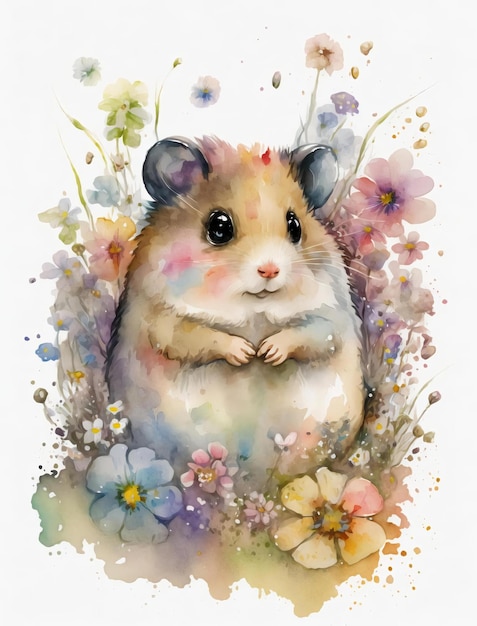 A watercolor painting of a hamster in a field of flowers.