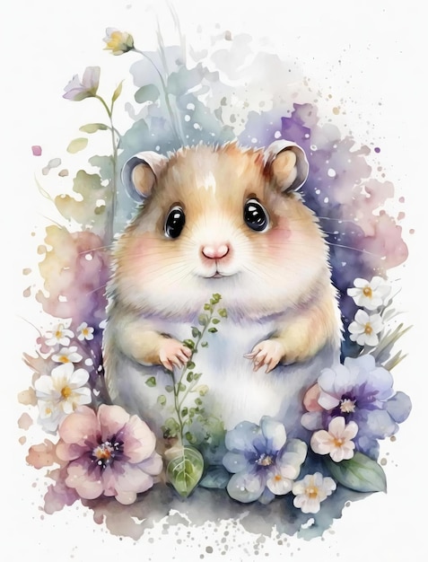 A watercolor painting of a hamster in a garden with flowers.