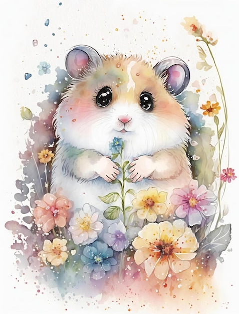 A watercolor painting of a hamster surrounded by flowers.