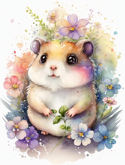 A watercolor painting of a hamster with a flower crown.