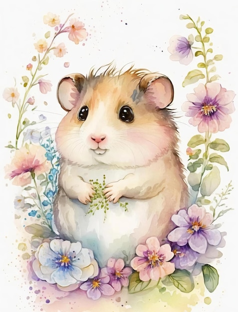 A watercolor painting of a hamster with flowers and leaves.