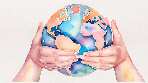 Photo watercolor painting of hands holding a colorful globe symbolizing care for the planet