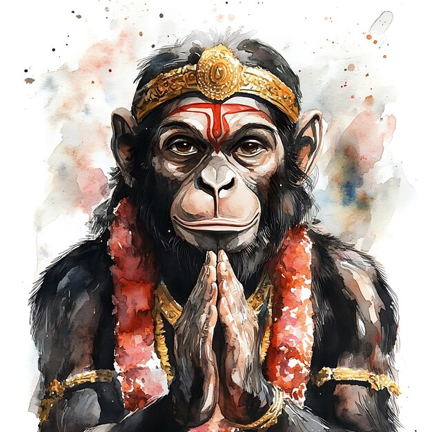 Watercolor Painting of Hanuman the Hindu Monkey God in a Praying Position