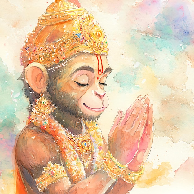 Photo watercolor painting of hanuman the hindu monkey god praying